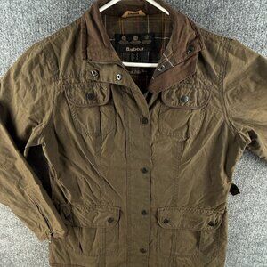 Barbour Ladies Utility Waxed Jacket Full Zip Size 10 US Brown Lined Snaps Adult